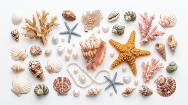 Seashells starfish coral and pearl, isolated on transparent background
