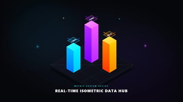 Futuristic 3D isometric bar chart glowing on dark background with data analytics visualization