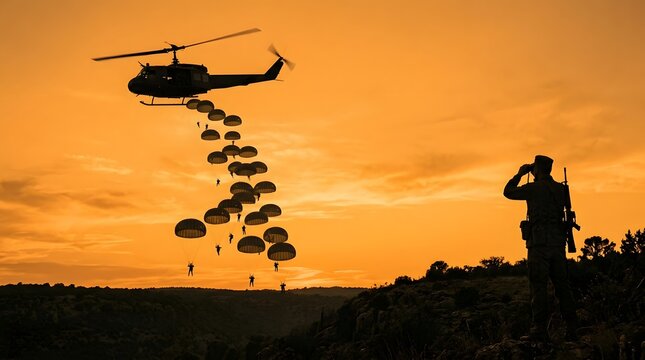Silhouette of a soldier saluting a military helicopter dropping paratroopers during a dramatic golden sunset sky