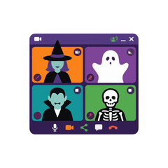 Fototapeta premium Halloween characters having a video conference call together on screen, festive virtual holiday celebration concept