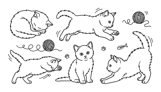 Line art vector set of cute kittens playing sleeping stretching running sitting with yarn balls and fish bone.