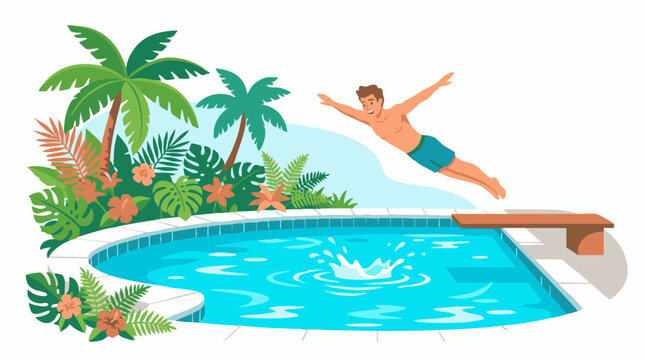 Happy man jumping into a tropical swimming pool from a diving board