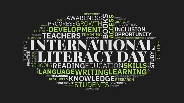 International Literacy Day Word Cloud Animation with Education and Lea