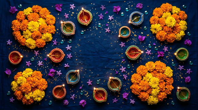 Colorful flowers and traditional oil lamps for holi day celebration