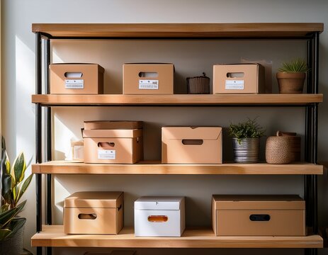 an organized workspace with labeled storage boxes on shelves