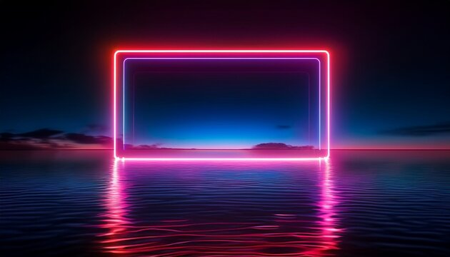 a rectangular neon light frame glows intensely on a dark reflective surface likely water