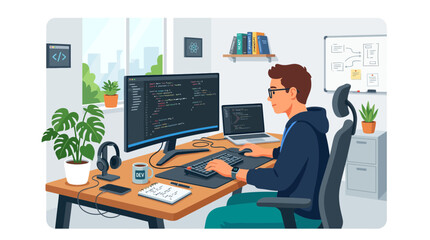 Fototapeta premium Male developer programming at desk in bright office