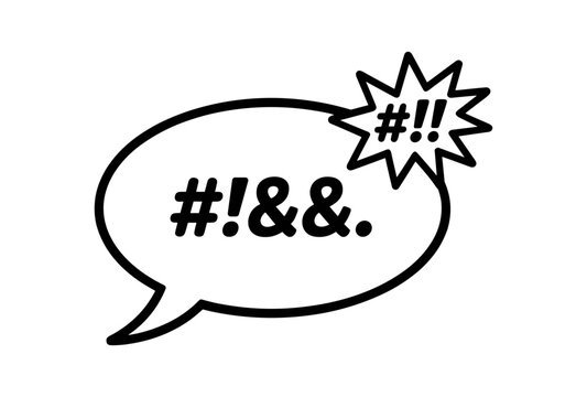 Profanity Speech Bubble: A simple line drawing of a speech bubble containing asterisks and ampersands, symbolizing profanity or censored language, with a burst symbol of exclamation and hash symbols.