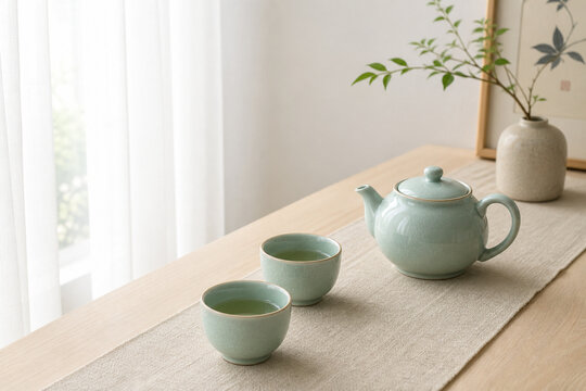 Celadon teapot and two cups on natural linen runner, serene tea time and home decor concept.