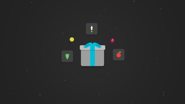 Gift box with game icons floating in a digital interface for mobile gaming