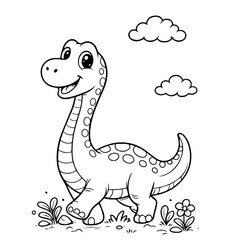 Fototapeta premium Cute Long Neck Dinosaur with Clouds and Plants Coloring Page Line Art