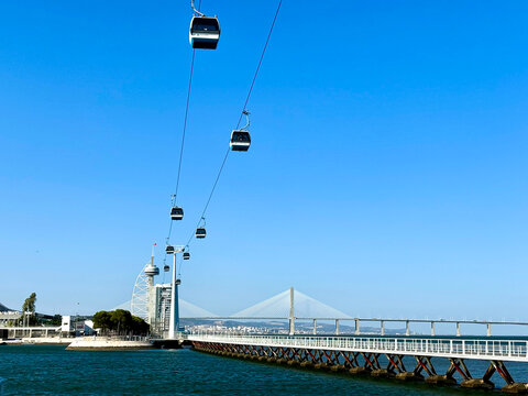 Lisbon Cable Cars and Vasco da Gama Bridge Over Tagus River, Portugal