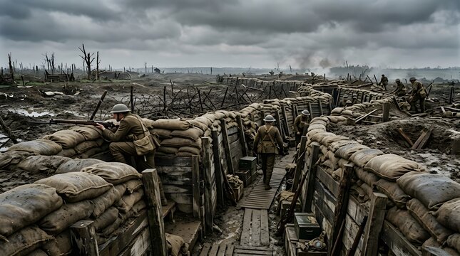 Soldiers standing in a muddy trench on a desolate battlefield during the first world war