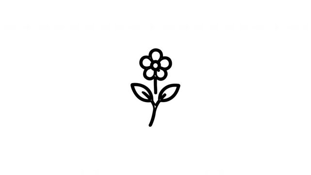 Minimalist 2D line art icon animation of a blooming flower with petals and leaves isolated on a clean white background.