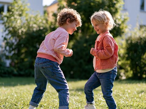 Siblings playing together in a Czech kindergarten garden, two children smiling and dancing on green grass, surrounded by trees and buildings in the background