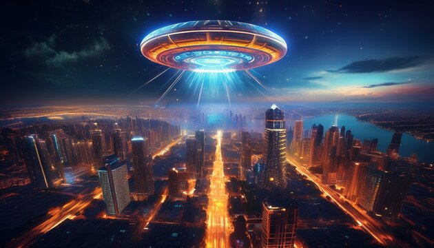 a massive geometric light emitting craft hovers above a sprawling cityscape at night