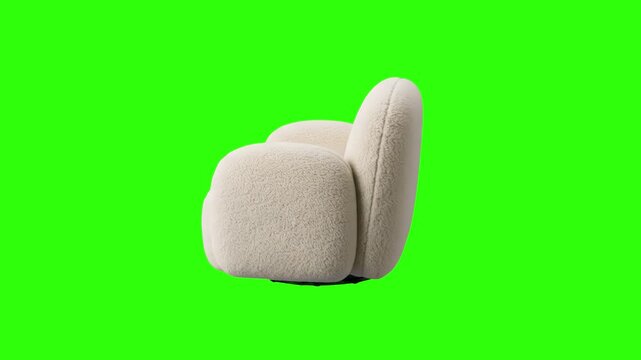 A detailed 3D rendering of a trendy minimalist armchair upholstered in textured white boucle fabric, showcasing a soft rounded design isolated on a bright chroma key green screen backdrop. Great for c