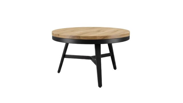 A clean 3D render of a round wooden coffee table with a natural wood top and black tripod legs, isolated on a plain white backdrop with a subtle drop shadow. Perfect for furniture catalogs, modern int