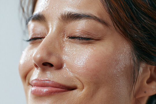 Extreme close up portrait Japanese woman eyes closed close up glowing skin skincare routine natural beauty moisturized skin