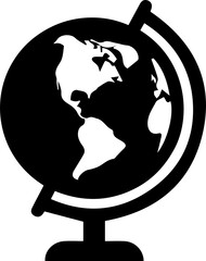 A black silhouette of a world globe, showing outlines of continents on a stand. © Benjir Binti