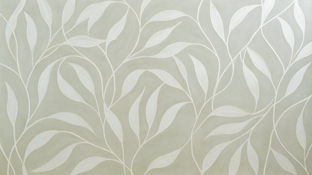 Quiet sweeping arcs echoing natural vines on muted pearl sage wall pattern with soft ivory leaves creating calm organic rhythm and gentle texture