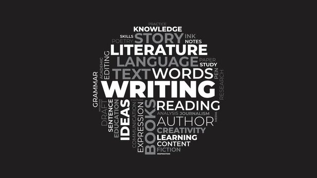 Writing and Literature Concept Word Cloud on Black Background