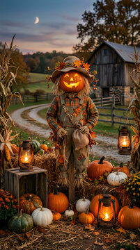 Spooky scarecrow pumpkin head celebrating a festive autumn holi day scene