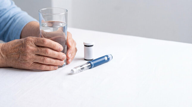 Senior woman with glass of water and insulin pen on table. Treatment of patient with diabetes mellitus. Medical care and daily self-management of glucose level for elder health support.