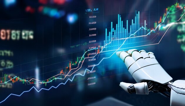 robotic hand analyzing financial market trends with artificial intelligence