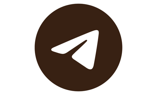  Telegram logo in white and dark brown circle for messaging app interface design.