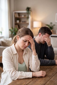 Stressed couple in relationship conflict sitting at home, both holding heads in frustration during a tense emotional moment