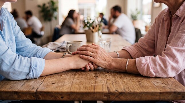 Compassionate senior care moment with caregiver holding hands across a wooden table in a warm support setting