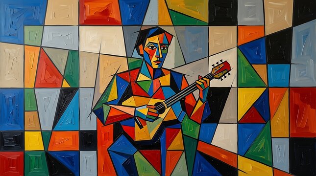 Abstract cubist painting of a musician playing guitar with colorful geometric shapes