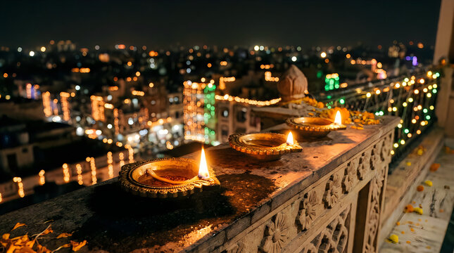 Traditional oil lamps glowing during a beautiful holi day celebration