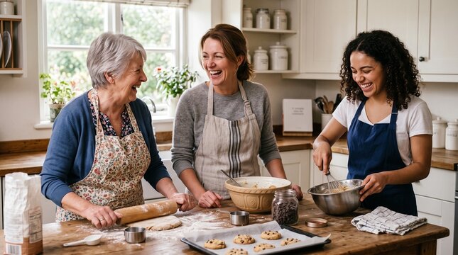 Three women of different generations laughing and baking cookies together in a bright kitchen