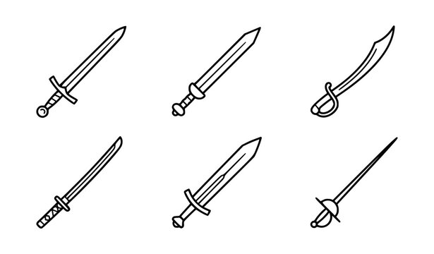 Historical sword line art icon set with medieval katana saber and rapier vectors
