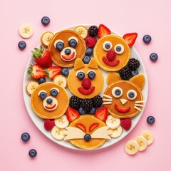 Fototapeta premium Creative Animal Shaped Pancakes with Fresh Fruits.
