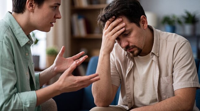 Medium close-up of tense argument as worried man holds head while another person gestures in stressful interpersonal conflict
