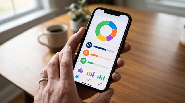 Person holding a smartphone displaying a financial budgeting app with charts and graphs on a wooden table