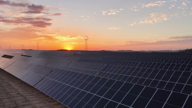 Stunning Sunset over Vast Solar Panel Farm in Remote Sandy Desert Landscape