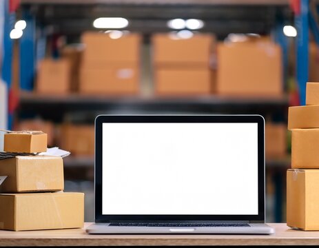 online ecommerce store mockup dropshipping business website concept table with laptop computer mock up blank white screen and shipping boxes retail marketplace warehouse delivery background