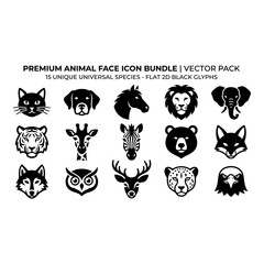Obraz premium Set of fifteen flat black animal face icons featuring various wildlife species for modern graphic design projects