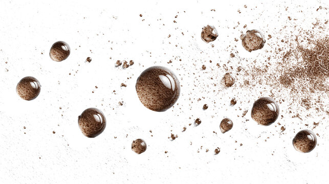 Water droplets with brown pigment speckles on textured surface abstract macro background