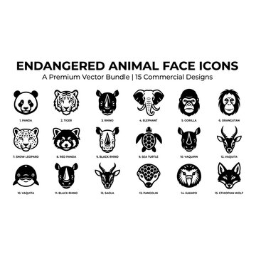 Set of fifteen black and white endangered animal face icons for wildlife conservation and graphic design projects
