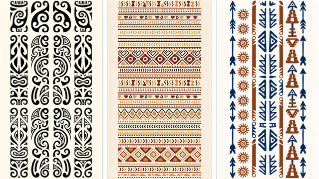 Set of three seamless patterns with ethnic tribal motifs, polynesian and aztec style designs isolated on transparent background