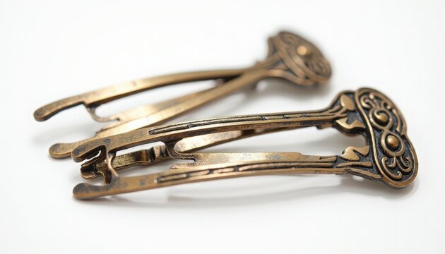 Vintage hair clips metal barrette pair with intricate filigree patterns, antique brass finish, close-up details of clasp and hinge, styled on white background for editorial use, product shots,