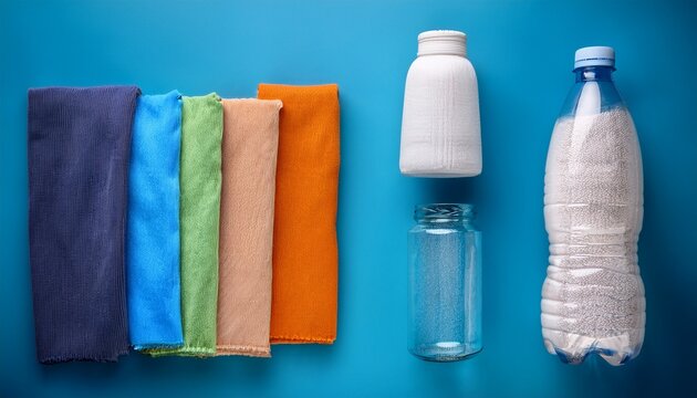 empty plastic bottle and various fabrics made of recycled polyester fiber synthetic fabric on a blue background