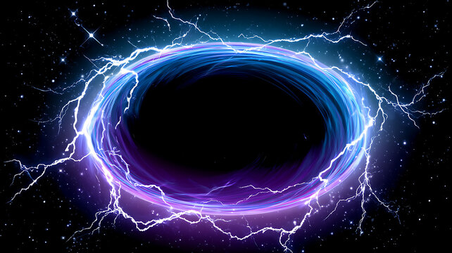 Abstract cosmic portal or wormhole in deep space with bright electric lightning bolts and glowing blue and purple energy nebula swirling around
