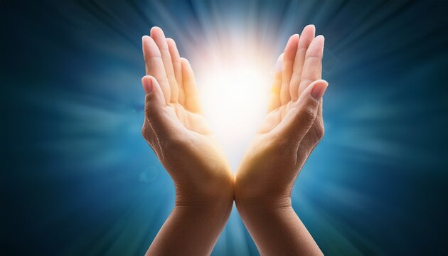 open hands holding bright healing light symbol of hope and care