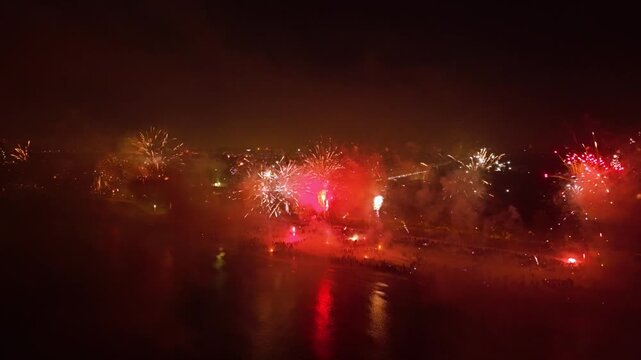 New Years fireworks display on the beach in Gdansk Brzezno, Poland